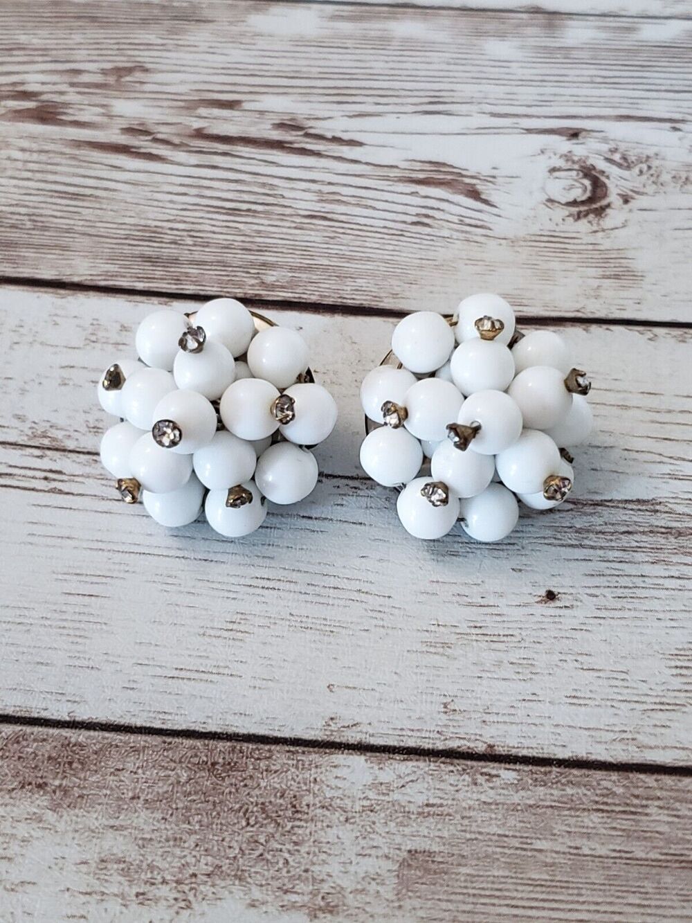 Vintage Clip On Earrings 1 & 1/8" Beaded White Cluster Style